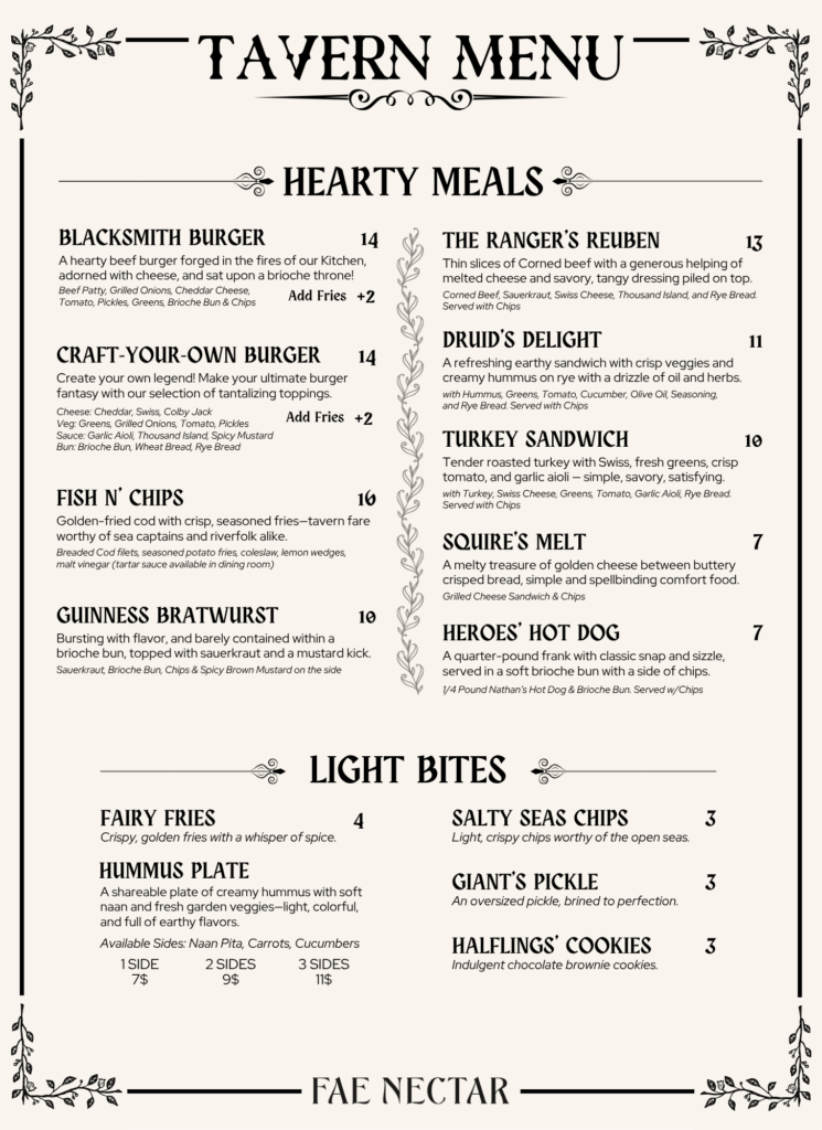Fae Nectar Food Menu