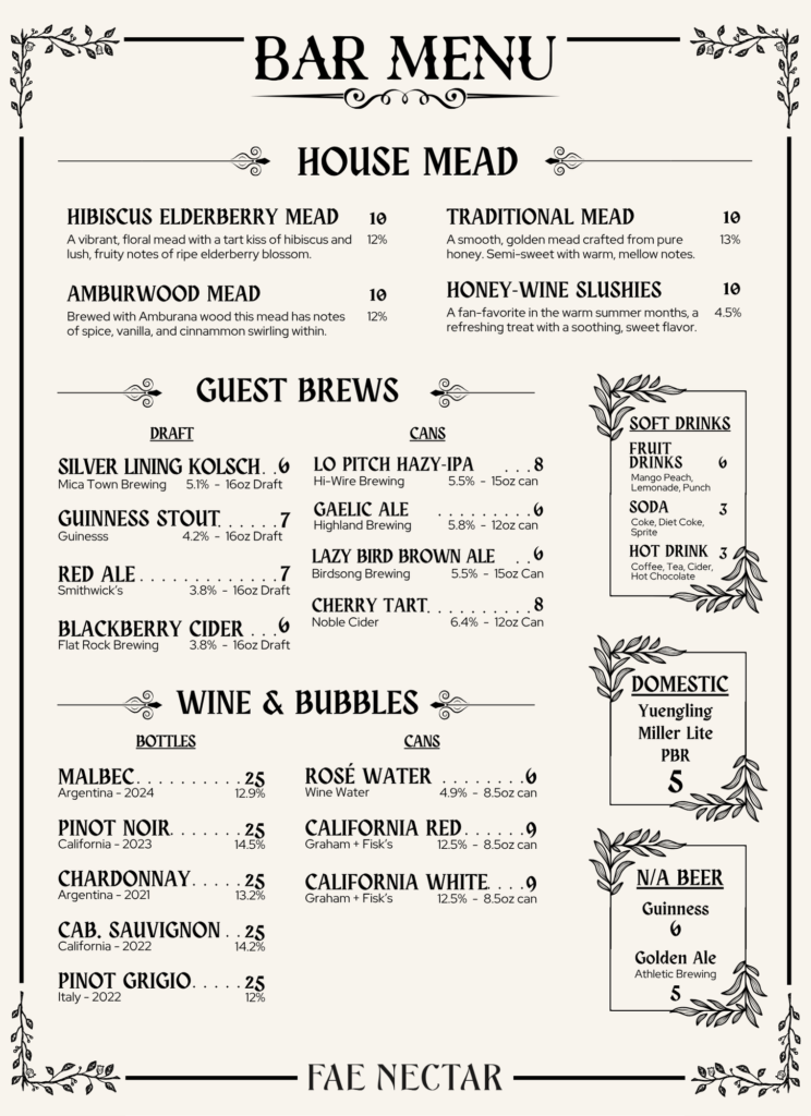 Fae Nectar Bar Menu